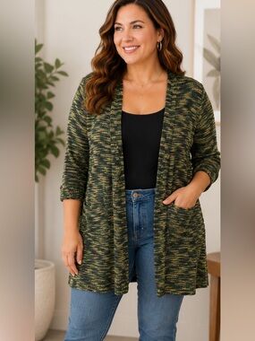 🖤 Outback Red Large Green Marled Open Front Cardigan Sweater